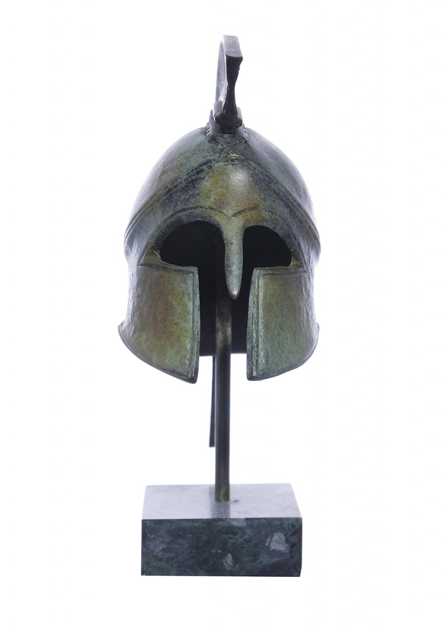 Athenian helmet greek bronze statue on marble base