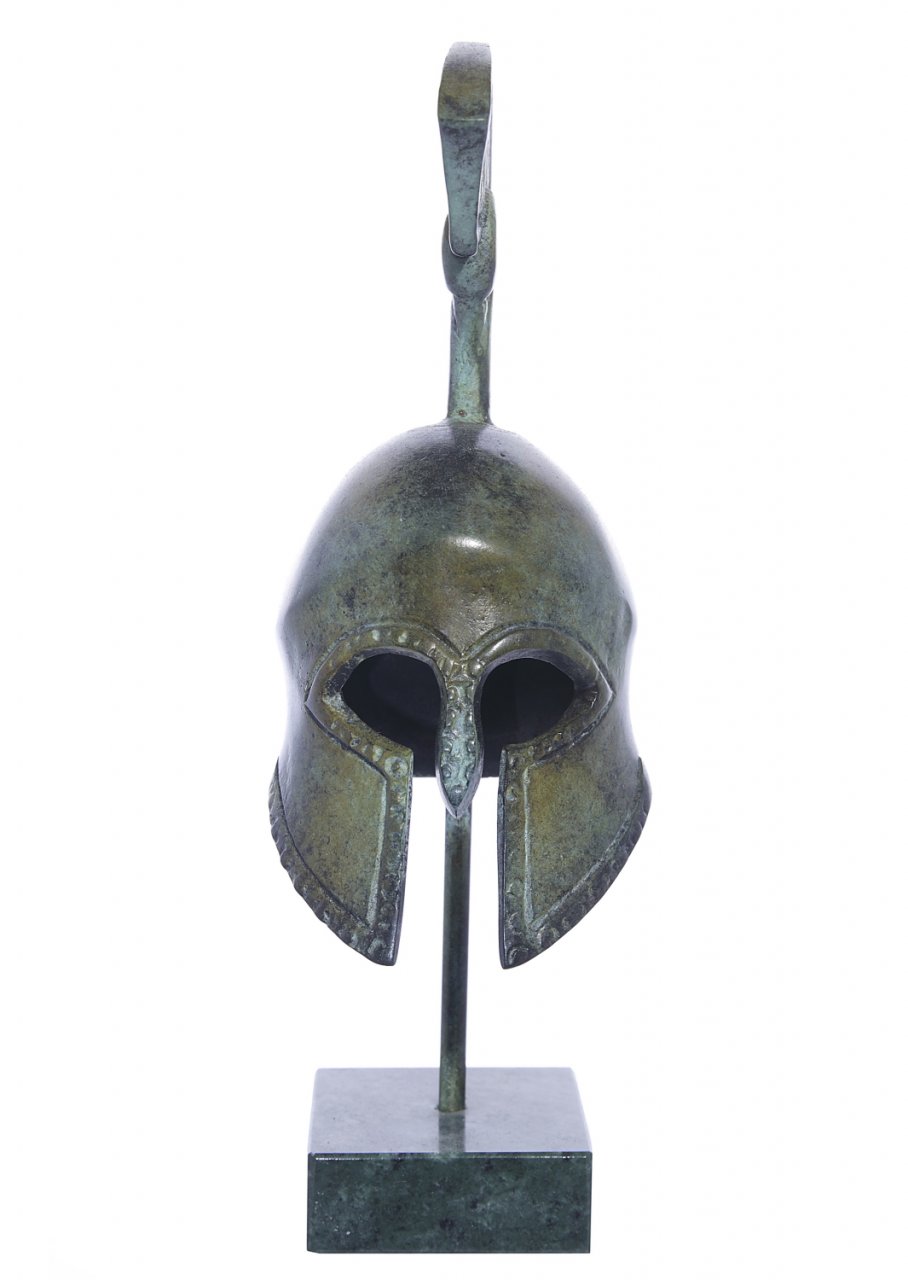 Spartan helmet greek bronze statue on marble base