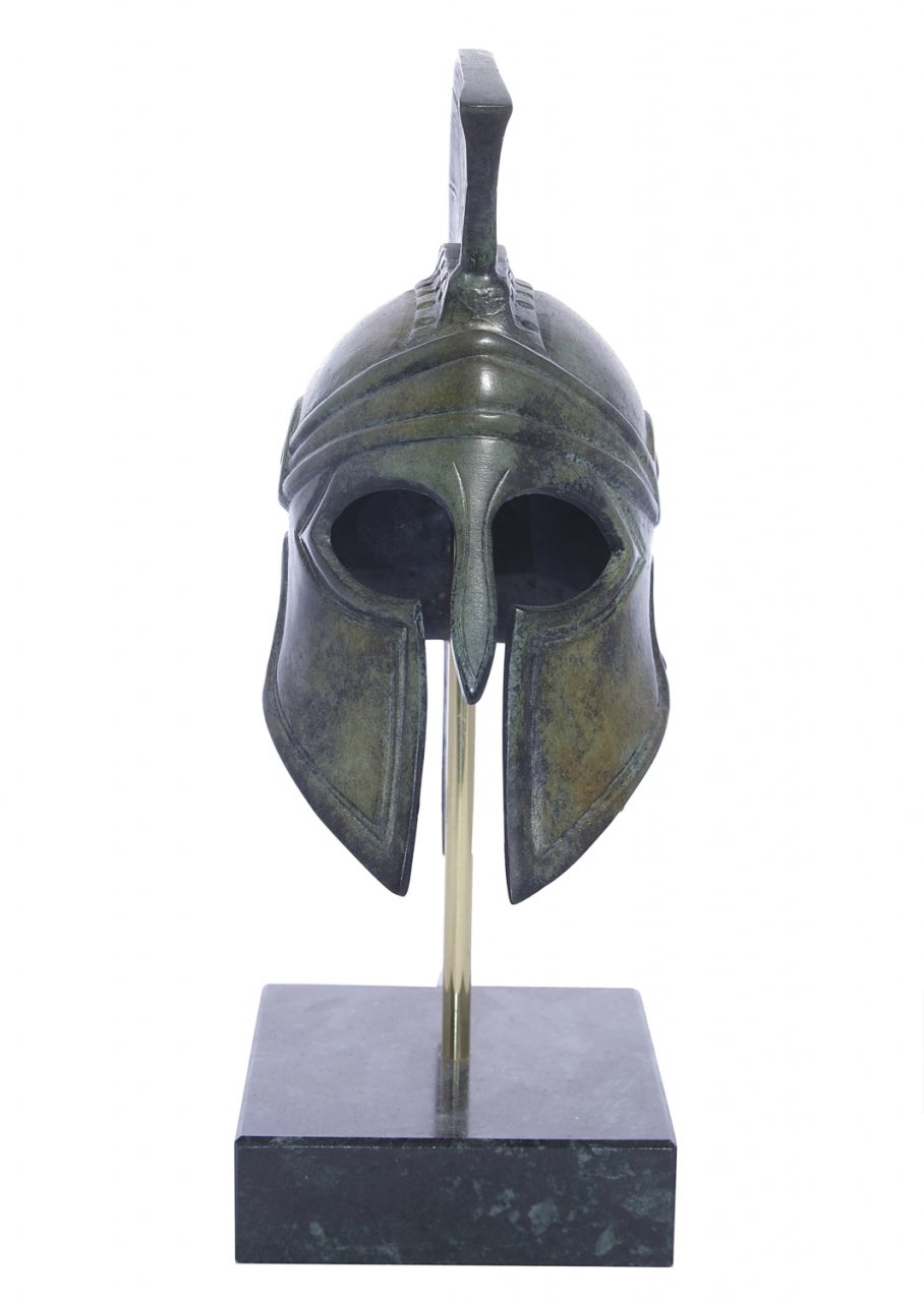 Greek bronze statue of Athenian helmet on marble base