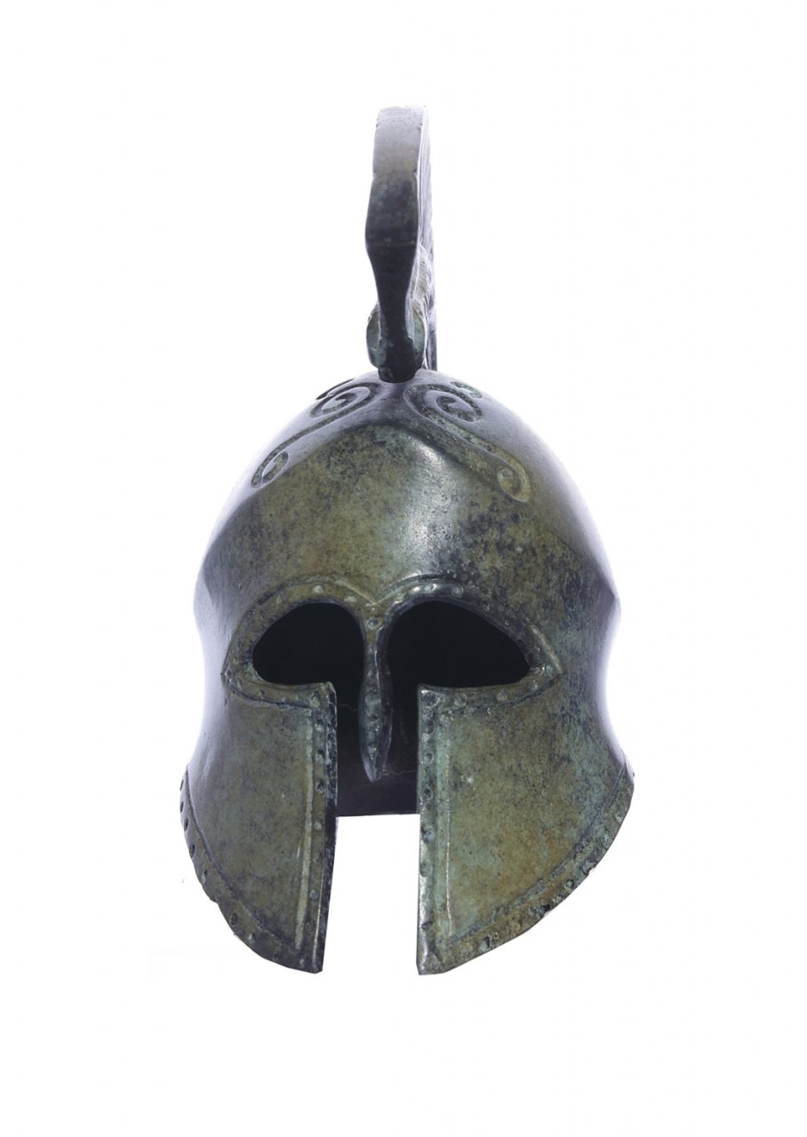 Spartan helmet with engraved snake greek bronze statue