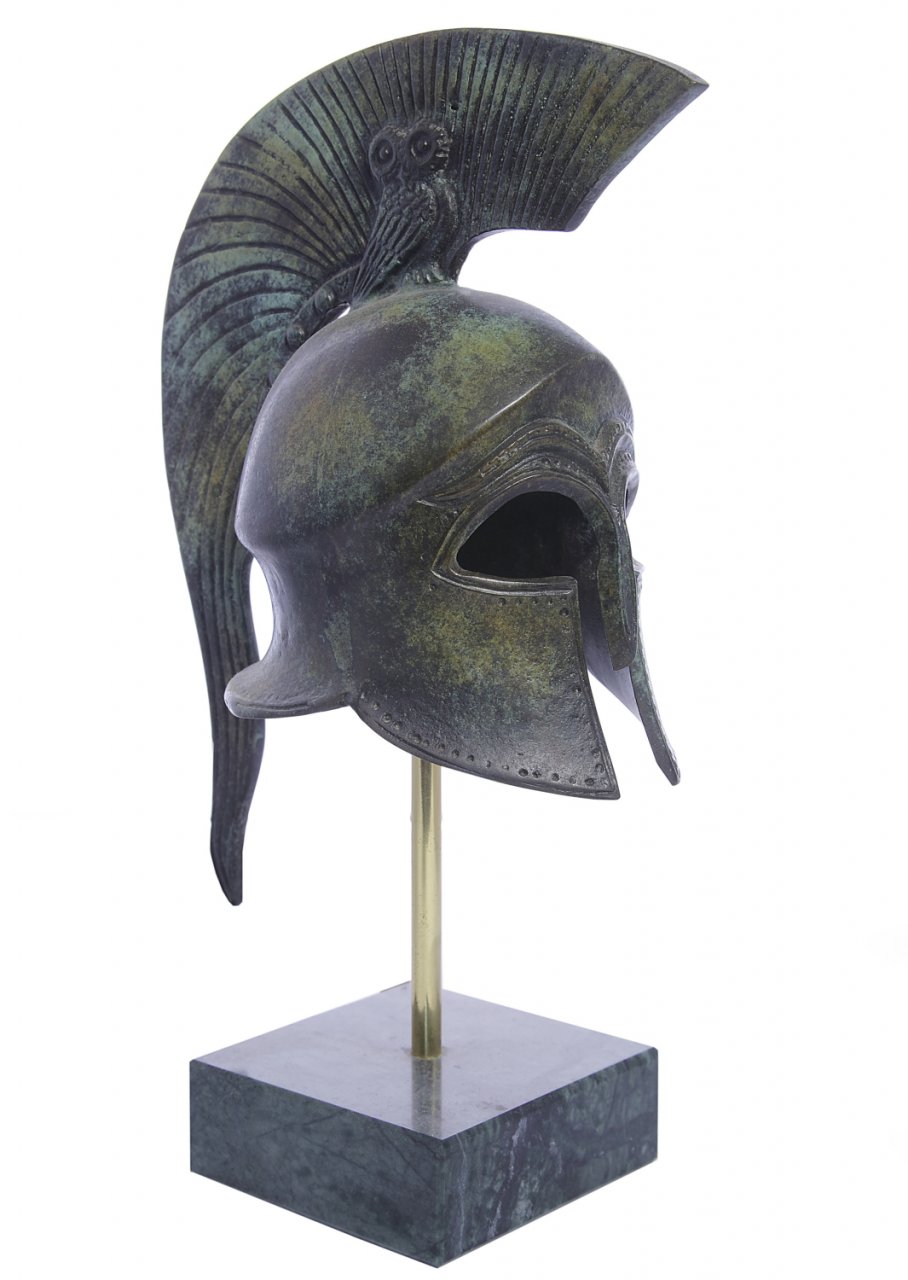 Athenian helmet with engraved owl greek bronze statue on marble base