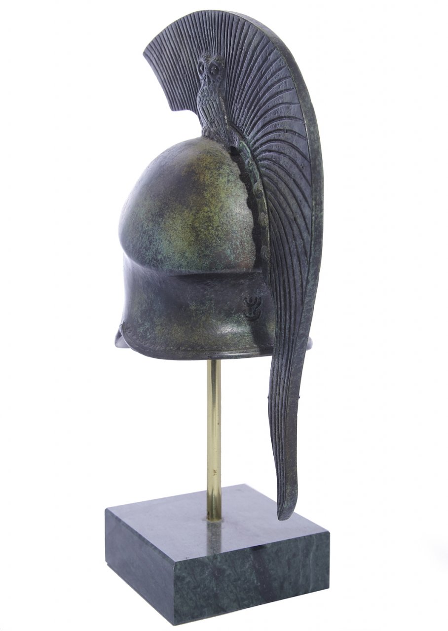 Athenian helmet with engraved owl greek bronze statue on marble base