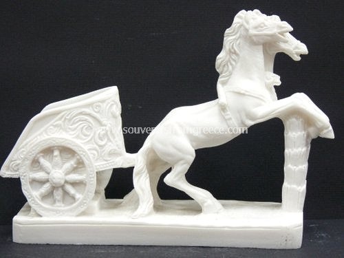 Souvenirs from Greece: Chariot with charioteer greek alabsater statue Greek statues Alabaster statues Charming greek souvenirs handmade greek alabaster statue  of a chariot drawn by two horses. The alabaster sculpture sits on an alabster statue and is an excellent decorative greek art gift.