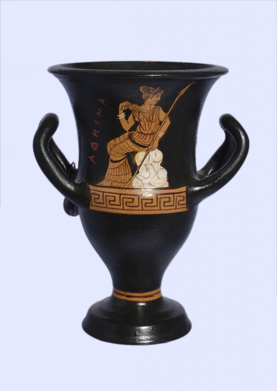 Handmade Red-figure kantharos depicting Dionysus and Athena