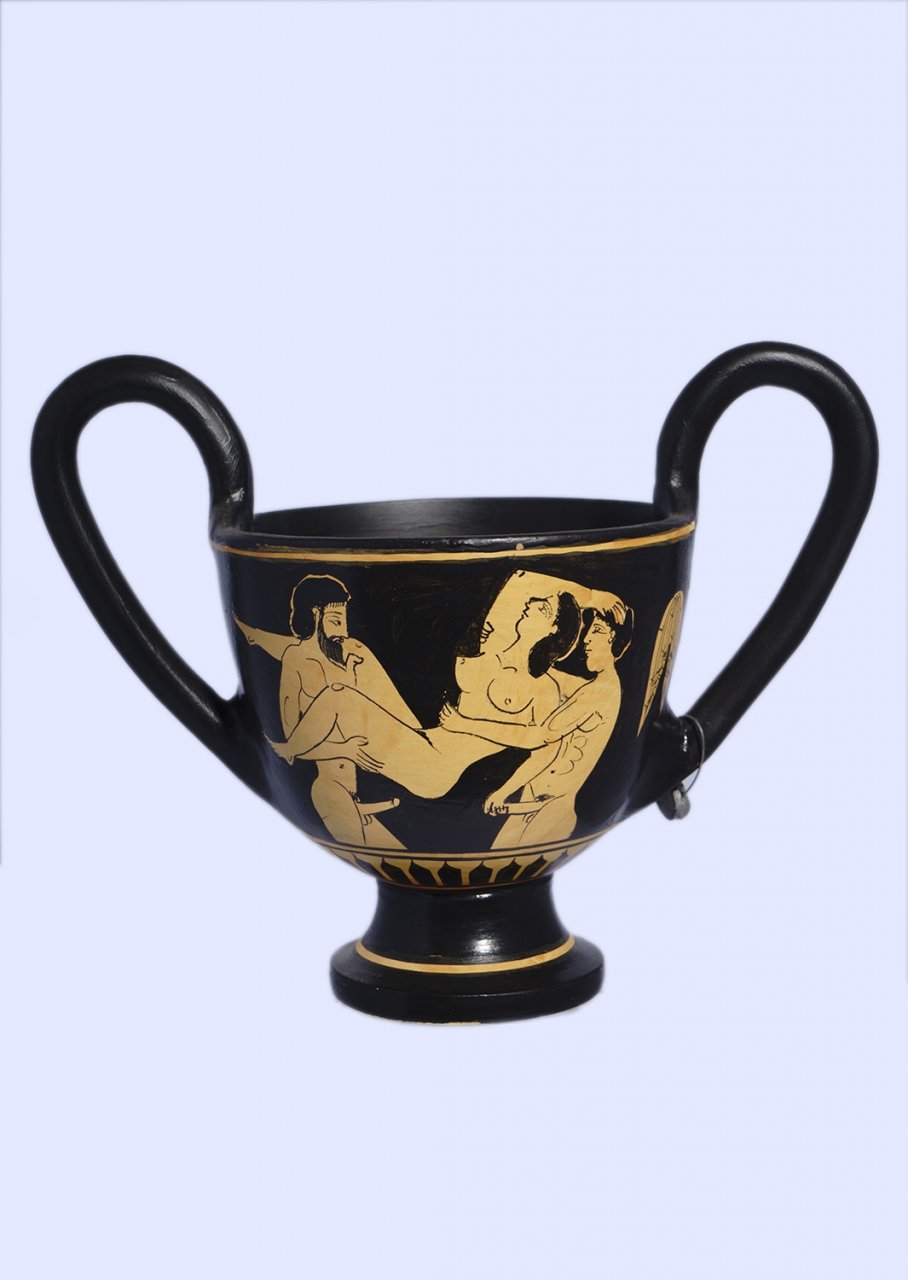 Classical red-figure kantharos depicting an erotic scene.