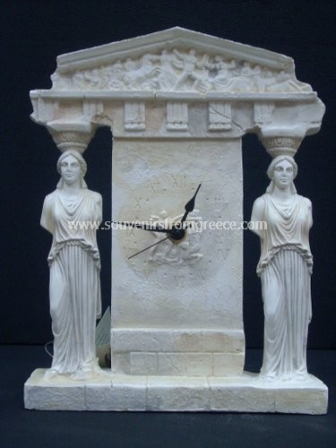 Souvenirs from Greece: Classical greek plaster clock with the Caryatids Greek statues Alabaster statues Cute greek souvenirs, plaster clock decorated by the karyatides. AA battery. Elegant greek gifts.