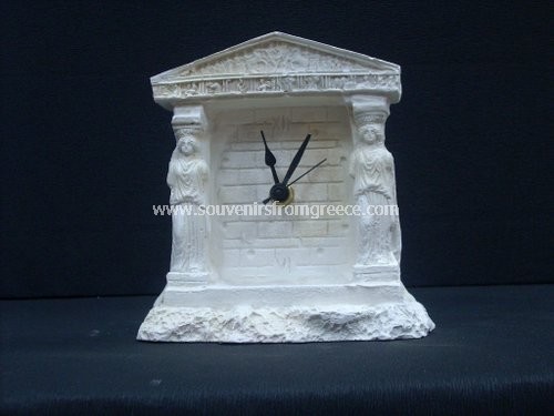 Souvenirs from Greece: Greek plaster clock with the Caryatids (Karyatides) Greek statues Alabaster statues Excellent souvenirs from Greece, table and Wall clock - white Plaster - Decorated with Kariatides. AA battery. Classical greek gifts.