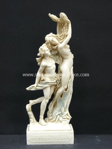 Souvenirs from Greece: Apollo and Daphne greek alabaster statue Picture Frames Plaster picture frames Fascinating greek alabaster statue of Apollo and Daphne from Bernini inspired by the story of Apollo and Daphne in greek mythology. According to the myth Apollo makes fun of Eros and in retribution Eros makes Apollo fall in love with Daphne and at the same time ensures that she will not be wooed by his advances. When Apollo asks her to fulfill his desire she flees and when the god catches up to her, Daphne is transformed into a tree. The alabaster statue is one of the most impressive greek gifts