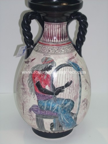 PYTHEIA, WARRIOR AND MUSE GREEK BLACK FIGURED AMPHORA Greek pottery Free designed pottery