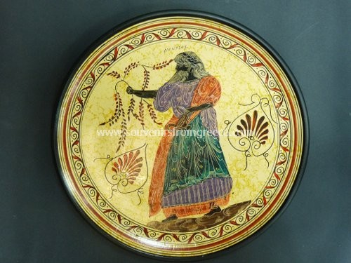 Souvenirs from Greece: Dionysus greek ceramic plate Clocks Plaster clocks Fine free designed greek pottery, hand-painted greek ceramic plate of Dionysus,  the ancient greek God of winin ancient greek mythology. 