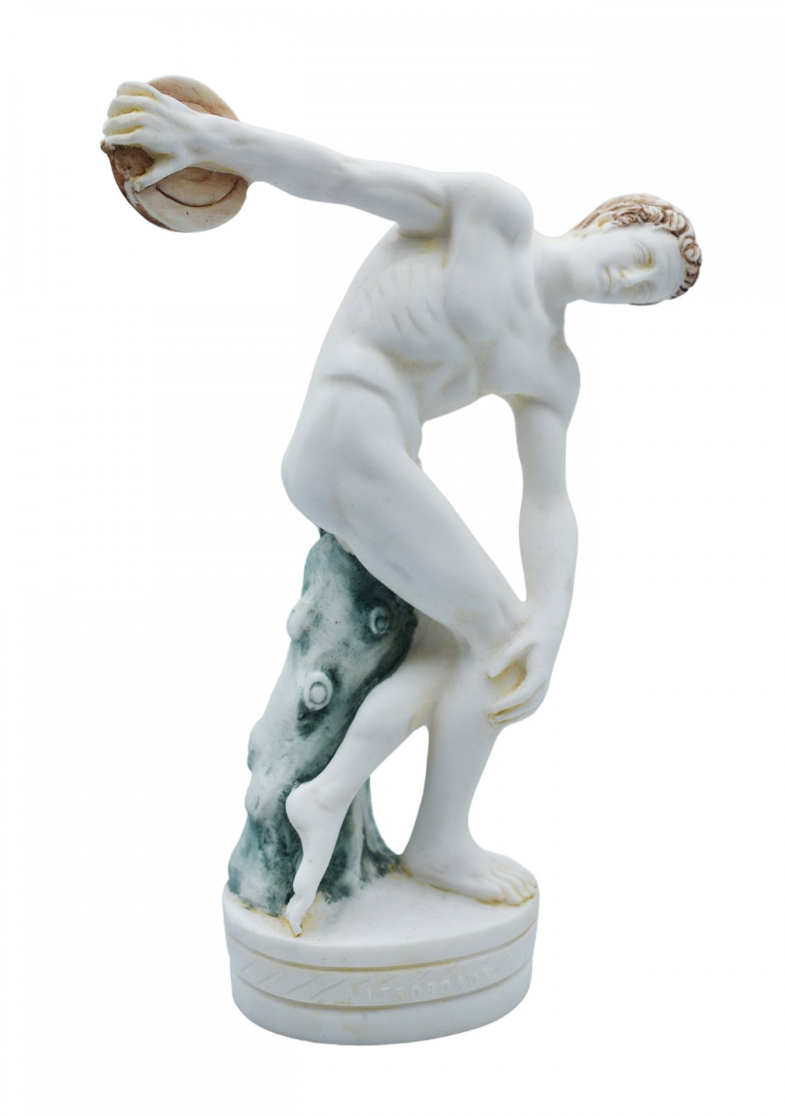 Discus thrower, Discobolus of Myron, greek alabaster statue with color