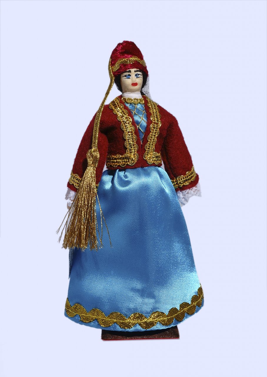 Handmade small doll of queen Amalia dressed in traditional greek costume