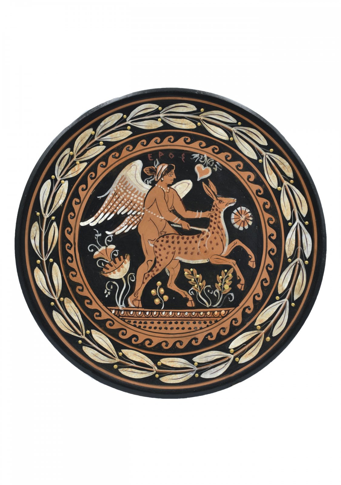 Greek ceramic plate depicting Eros, the Greek god of love, with a fawn