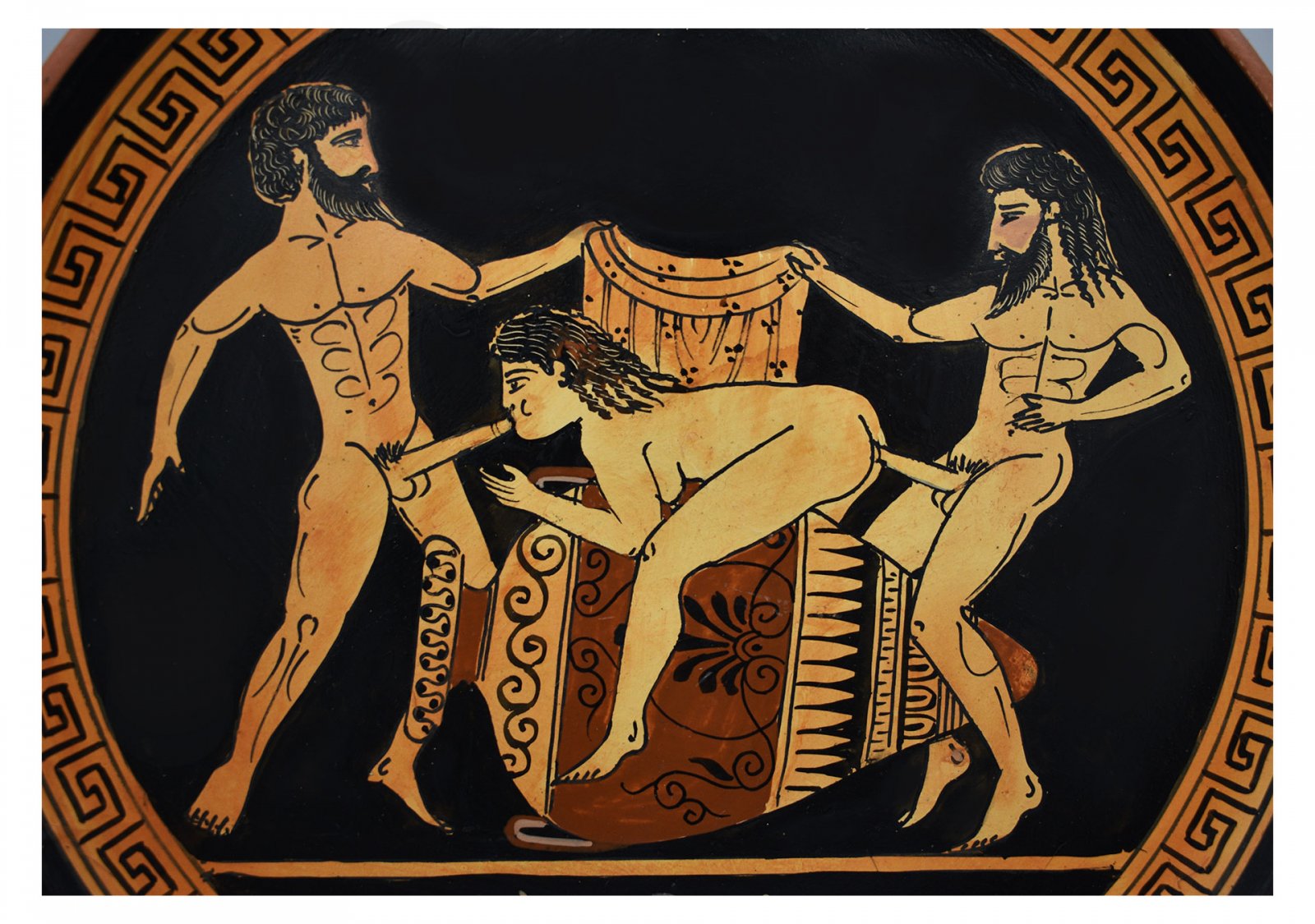 Ancient Erotic Scene Art, Threesome Sex, Handmade Greek Ceramic Plate (28cm)