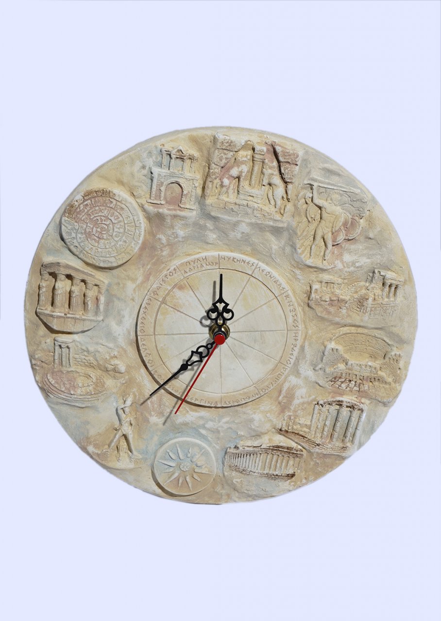 Large round plaster wall clock with the important archaeological sites or discoveries of Greece (monuments)