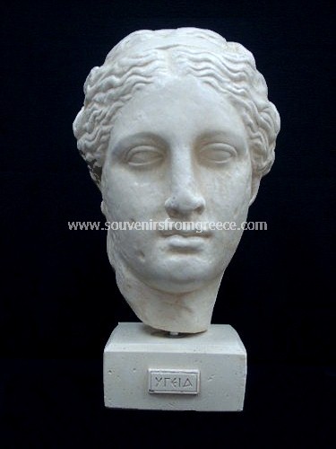 Souvenirs from Greece: Hygea (Hygieia or Hygeia) greek plaster bust statue Greek statues Alabaster statues Rare greek souvenirs, probably the most classical bust of Hygeia, the ancient greek goddess of health daughter of Asclepius,the god of healing in greek mythology. The plaster sculpture sits on a plaster base and one the best greek art decorating gift for clinics and doctors