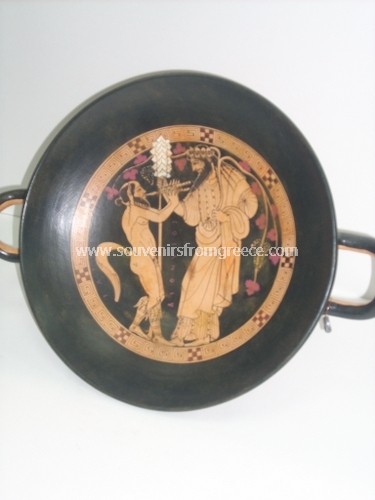 Souvenirs from Greece: GOD DIONYSOS AND SATYROS GREEK RED FIGURED KILIX Greek pottery Ancient greek vessels Special greek souvenirs kilix with god Dionysos and Satyros replica of the original found in the Munich museum 450 B.C. Excellent greek gifts.