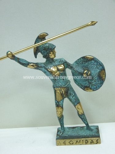 Souvenirs from Greece: Leonidas king of Sparta greek bronze statue Greek statues Greek relief sculptures Fantastic greek art souvenir handmade greek bronze statue of Leonidas, the Spartan king that fought with 300 Spartan warriors against the Persians in the battle of Thermopyle. The bronze scultpture sits on a bronze base and depicts Leonidas holding a spear and shield. A special greek gift.