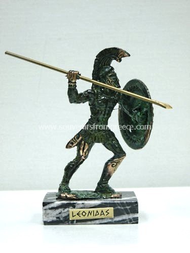 Souvenirs from Greece: Bronze figurine of Leonidas the king of Sparta in green color Greek statues Bronze figurines Excellent souvenirs from Greece handmade greek figurine of Leonidas, the Spartan king that fought with 300 Spartan warriors against the Persians in the battle of Thermopyle. The figurine sits on a marble base and depicts Leonidas holding a spear and shield. A unique greek gift.