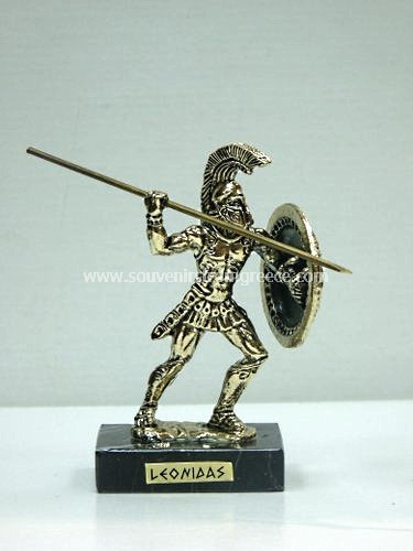 Souvenirs from Greece: Bronze figurine of Leonidas the king of Sparta in gold color Greek statues Bronze figurines Fantastic greek art souvenir handmade greek figurine of Leonidas, the Spartan king that fought with 300 Spartan warriors against the Persians in the battle of Thermopyle. The figurine sits on a marble base and depicts Leonidas holding a spear and shield. A unique greek gift.