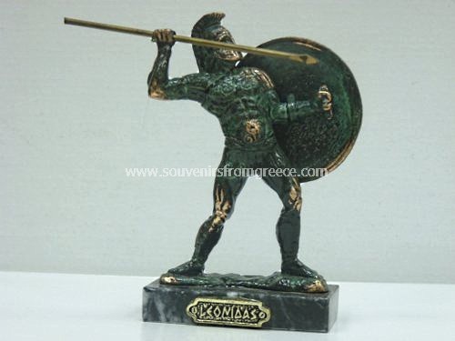 Souvenirs from Greece: Bronze figurine of Leonidas the king of Sparta holding a spear in green color Greek statues Plaster statues Elegant greek art souvenir handmade greek figurine of Leonidas, the Spartan king that fought with 300 Spartan warriors against the Persians in the battle of Thermopyle. The figurine sits on a marble base and depicts Leonidas holding a spear and shield. A special greek gift.