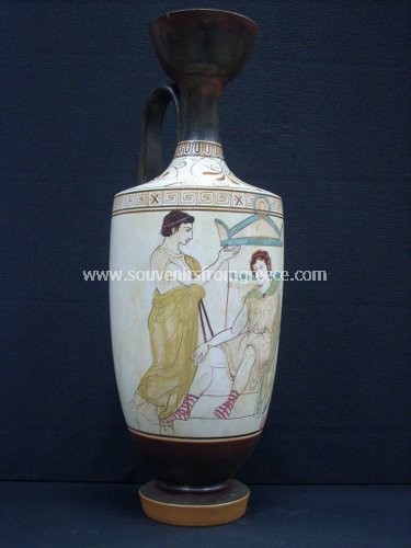 Greek pottery, ceramic vase (Lykithos) with a soldier his wife and son Greek pottery Ancient greek vessels