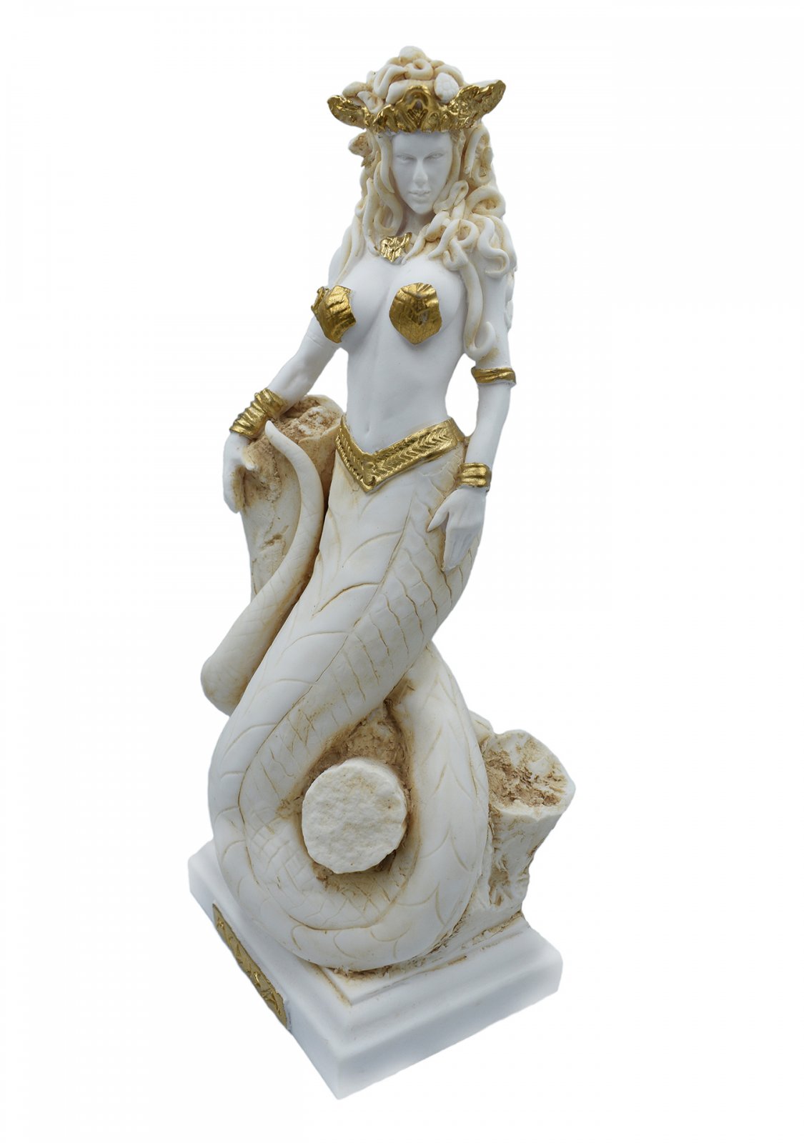 Medusa, Gorgo, greek alabaster statue in gold tone, the mythical creature