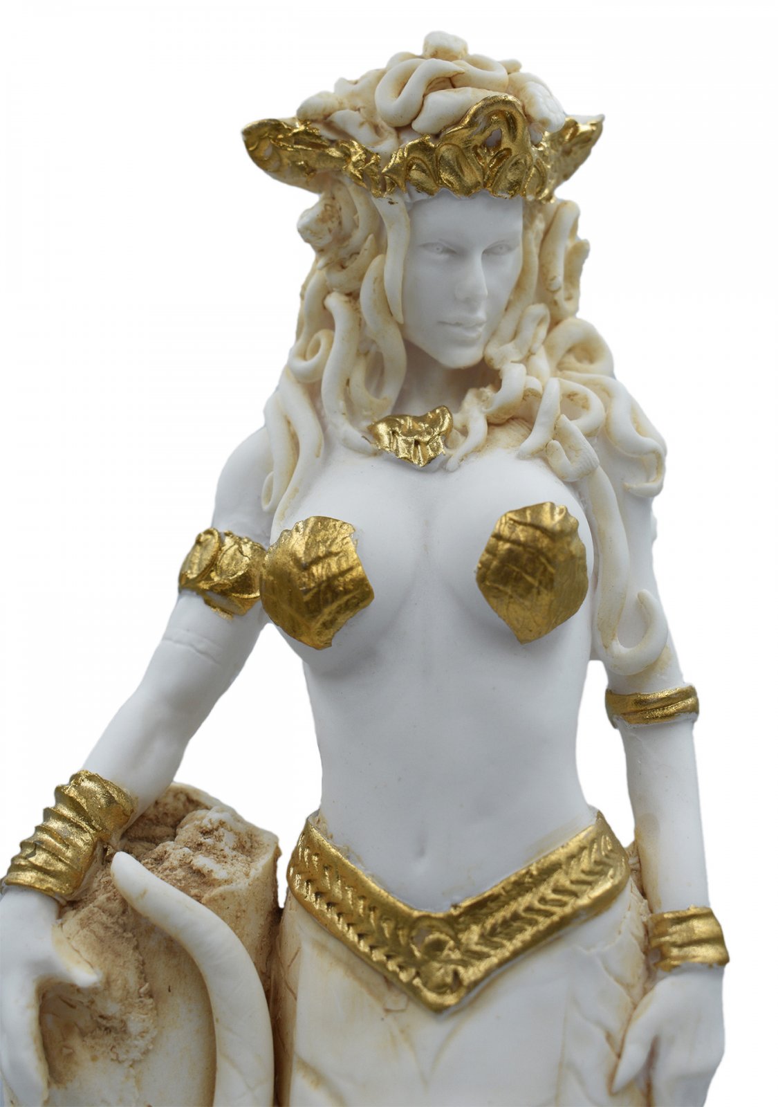 Medusa, Gorgo, greek alabaster statue in gold tone, the mythical creature