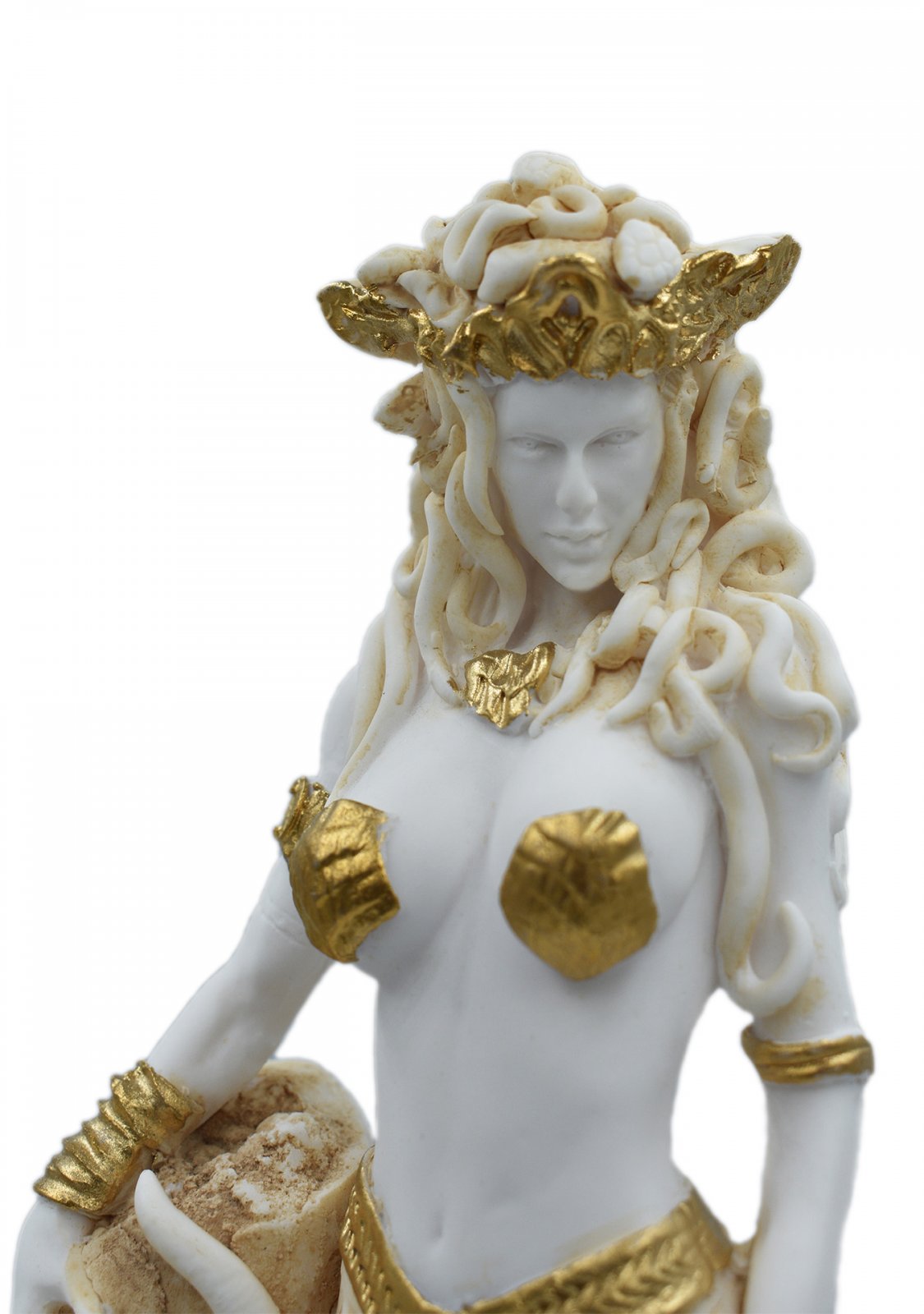 Medusa, Gorgo, greek alabaster statue in gold tone, the mythical creature
