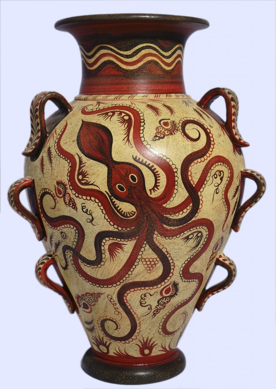 Minoan Greek nine handle amphora with octopus