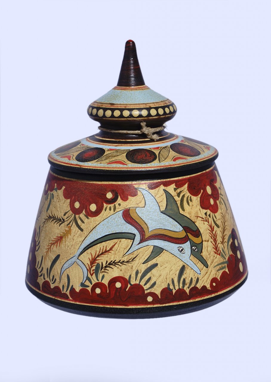 Minoan small Greek pyxis with dolphins