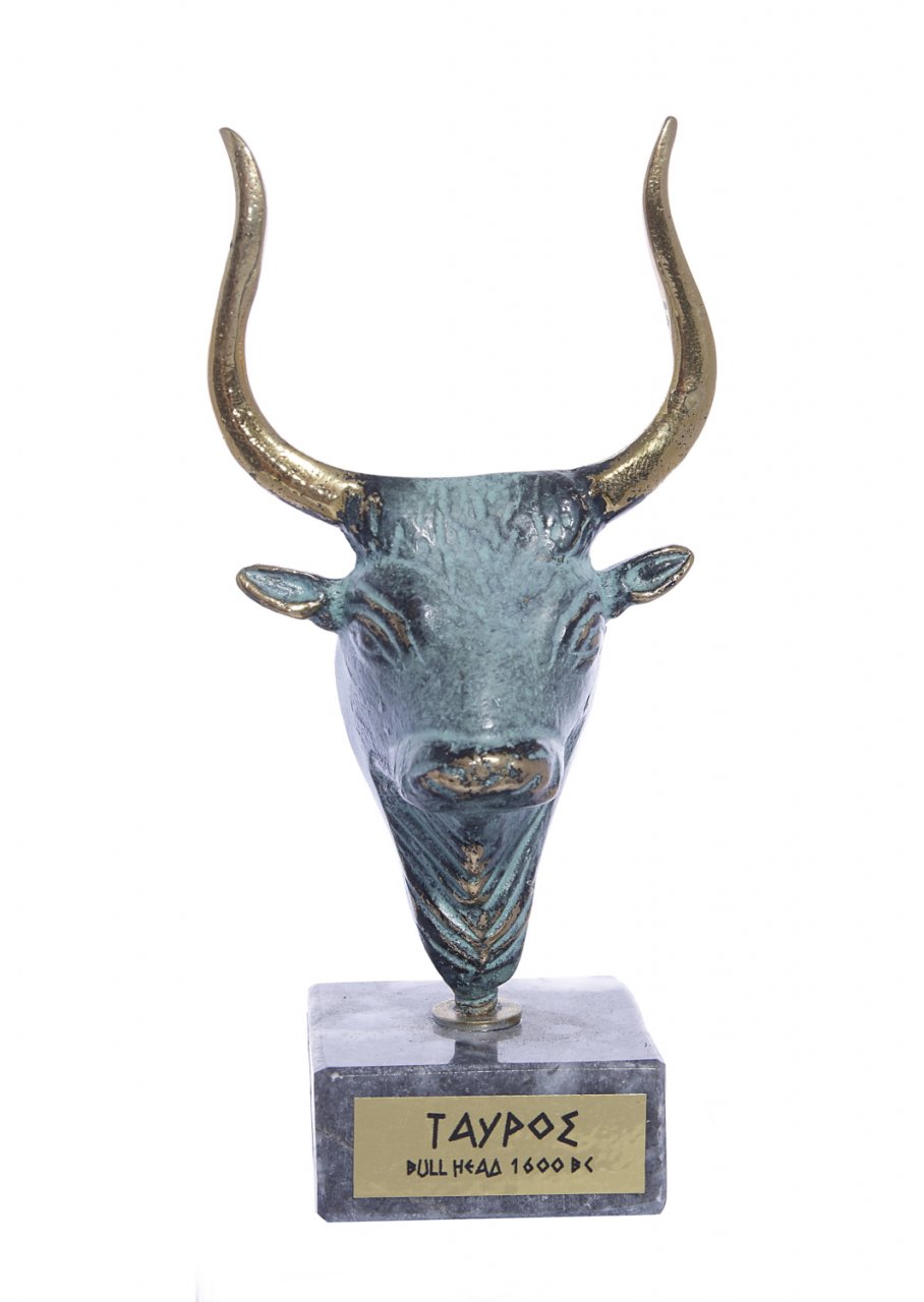 Minoan bull greek bronze statue on marble base