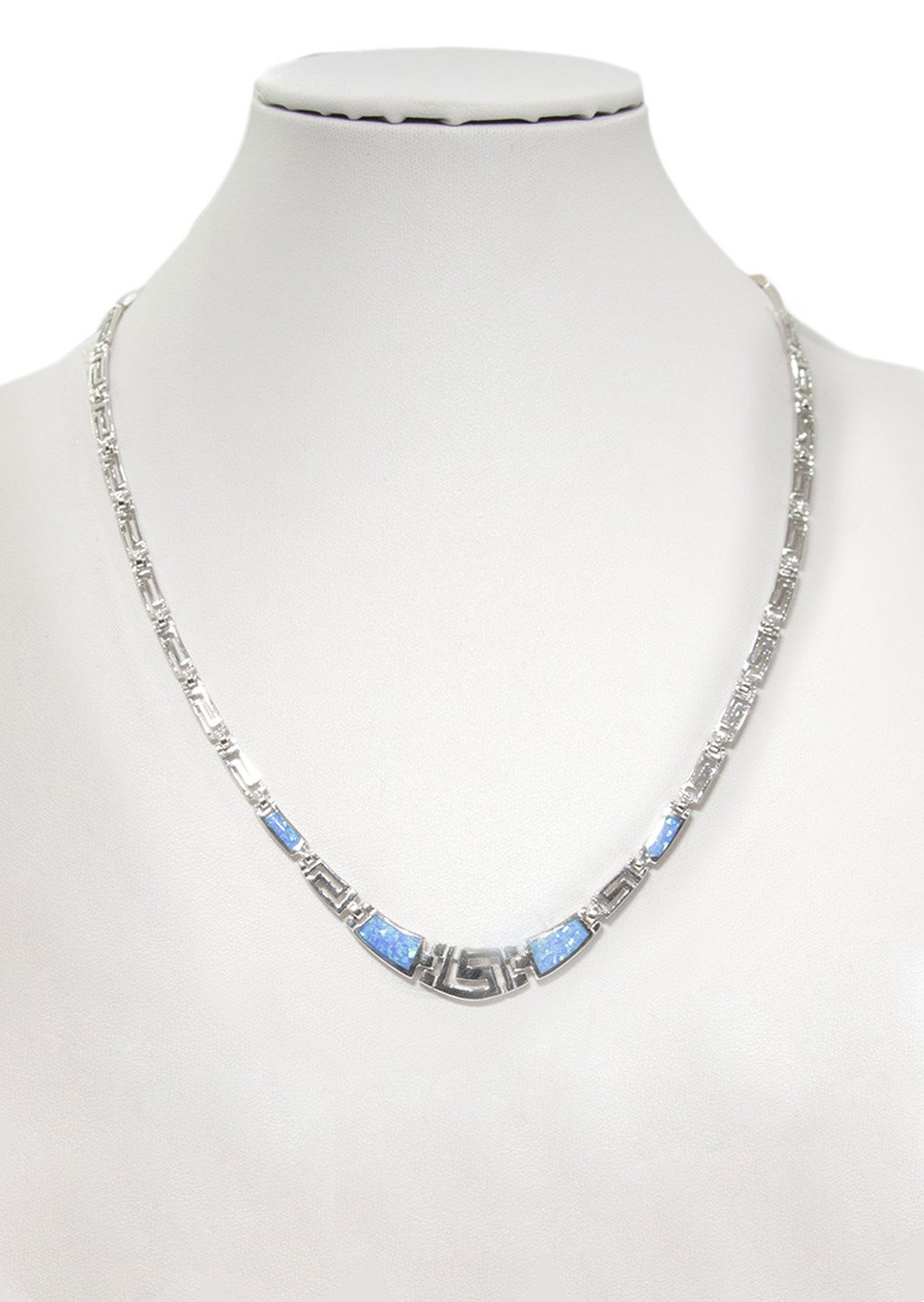 Greek key design - meander and opal gemstones silver necklace