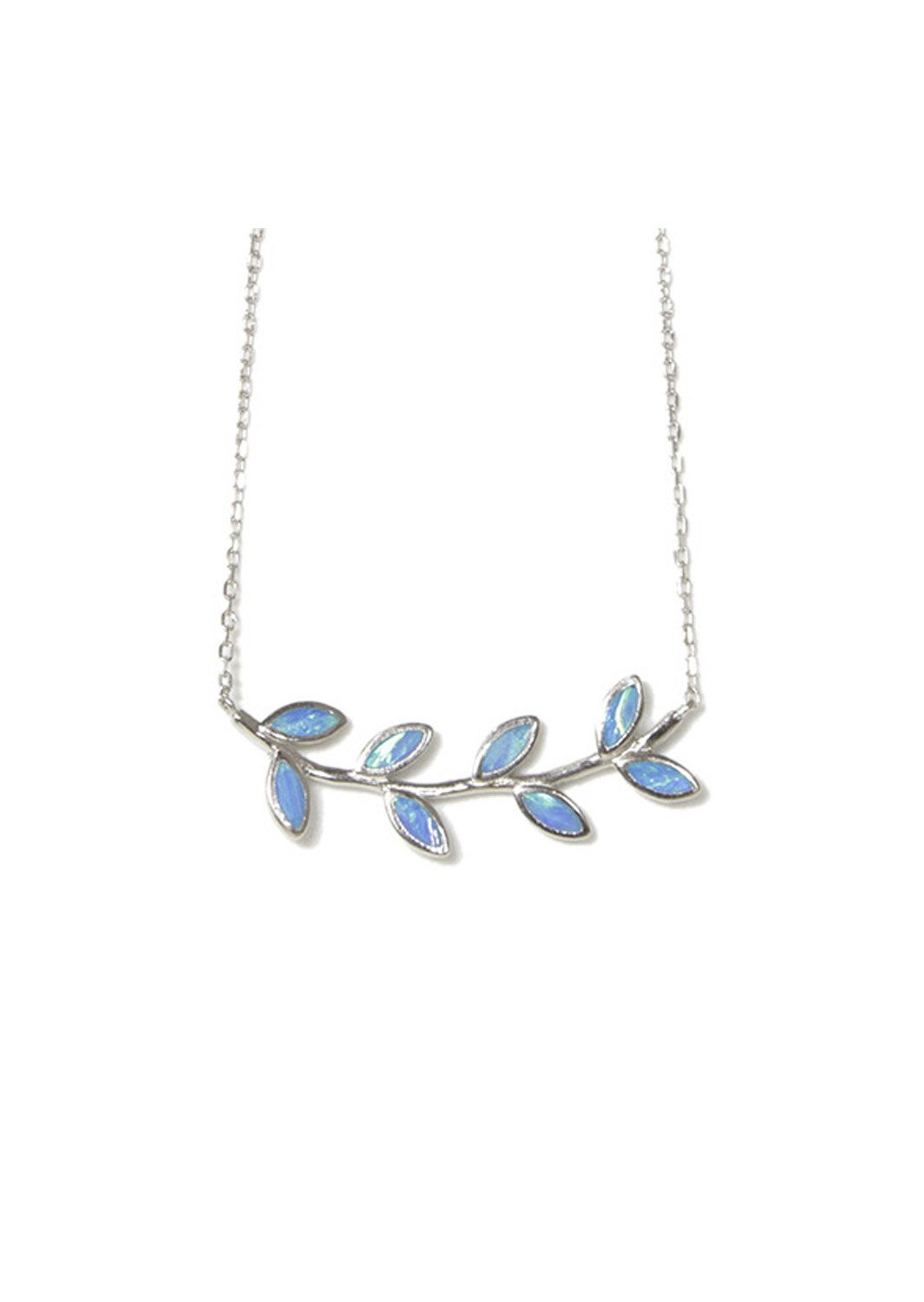 White Opal Olive Branch Leaf Design .925 Sterling Silver Necklace 16" 2" Ext 