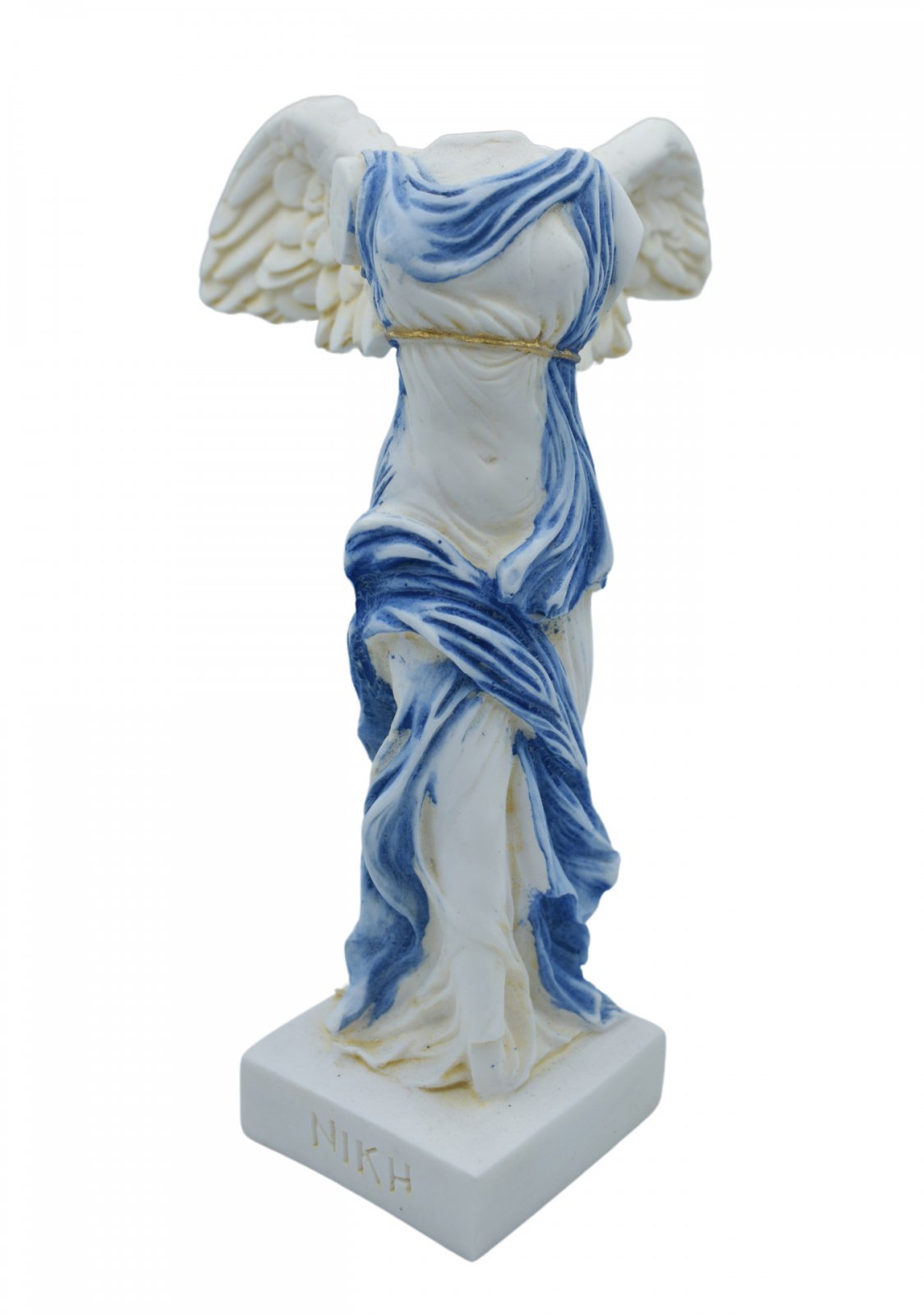 Nike of Samothrace greek alabaster statue with color and golden details