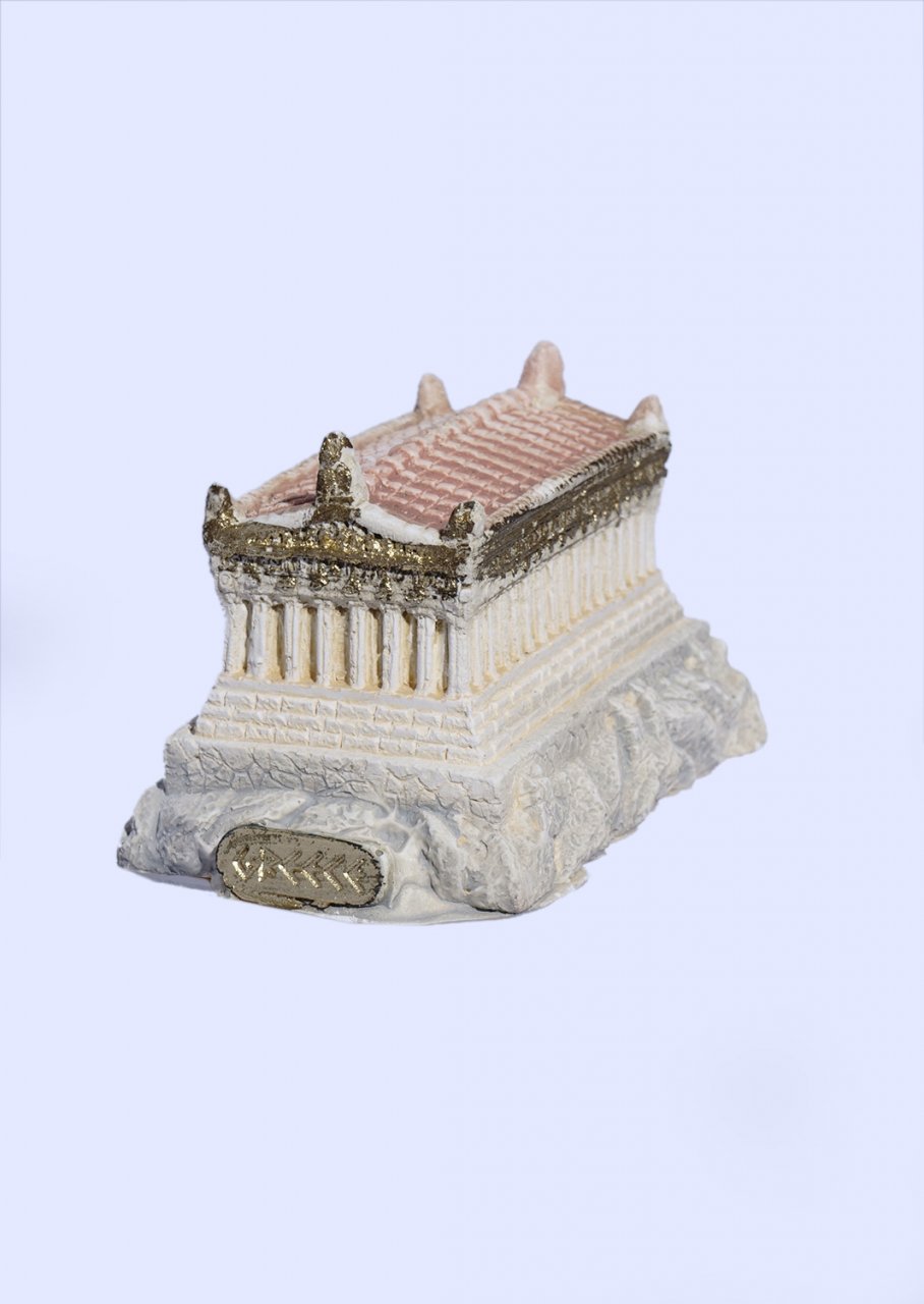 Small plaster statue of reconstracted Parthenon of Acropolis with golden details