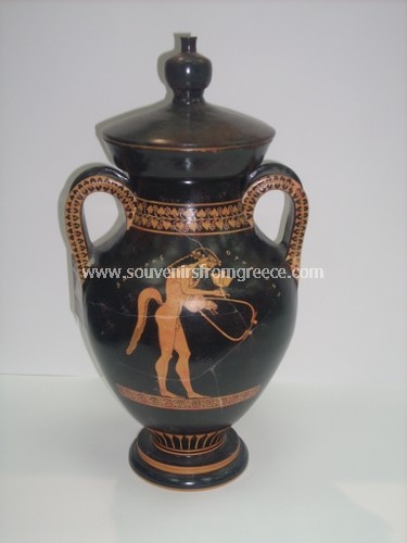 Souvenirs from Greece: SATYROS HERMES GREEK RED FIGURED AMPHORA Greek statues Alabaster statues Unique greek pottery art, hand painted red figured amphora with Hermes the messenger of the gods and the mythological monster Satyros replica of the original found in the Berlin museum 495 B.C. Decoration masterpiece a very impressive greek ceramic art item.