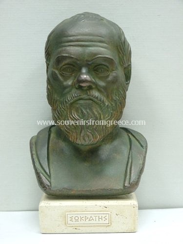 Souvenirs from Greece: Socrates greek plaster bust statue Greek statues Greek Busts Sculptures Impressive greek art souvenir handmade greek plaster bust statue of Socrates the great philosopher. The green plaster bust sculpture sits on a white plaster base with the name Socrates in greek and is one the most popular greek art gifts.