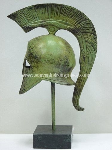 Souvenirs from Greece: Spartan helmet greek bronze statue 
 Greek statues Bronze statues Fantastic greek art souvenirs handmade greek bronze statue of a spartan helmet, worn by Spartan warriors in battle like the battle at Thermopylae between 300 Spartan hoplites lead by Leonidas and the Persians. The bronze sculpture sits on a marble base, the perfect greek art decorative gift.