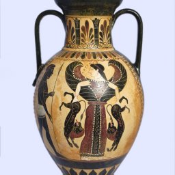 Archaic black-figure amphora with Artemis, Paris and Hector  1