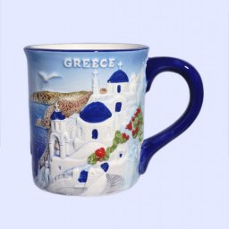 Porcelain mug decorated with a relief of the greek island of Santorini 1