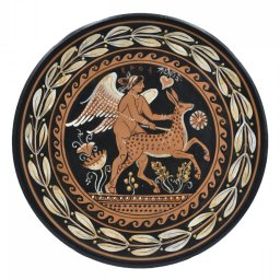 Greek ceramic plate depicting Eros, the Greek god of love, with a fawn 1