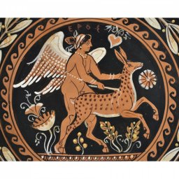 Greek ceramic plate depicting Eros, the Greek god of love, with a fawn 2