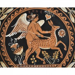 Greek ceramic plate depicting Eros, the Greek god of love, with a fawn 2