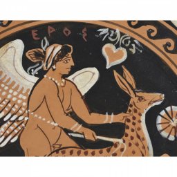 Greek ceramic plate depicting Eros, the Greek god of love, with a fawn 3