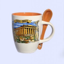 Porcelain espresso cup depicting the Parthenon of Athens, accompanied by an orange spoon 1