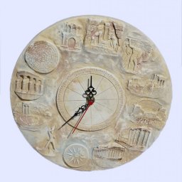 Small round plaster wall clock with the important archaeological sites or discoveries of Greece (monuments) 1