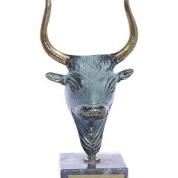 Minoan bull greek bronze statue on marble base 1