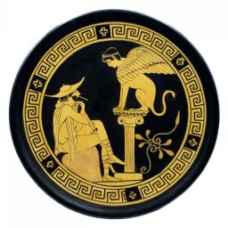 Classical Greek ceramic plate depicting Oedipus and Sphinx 1