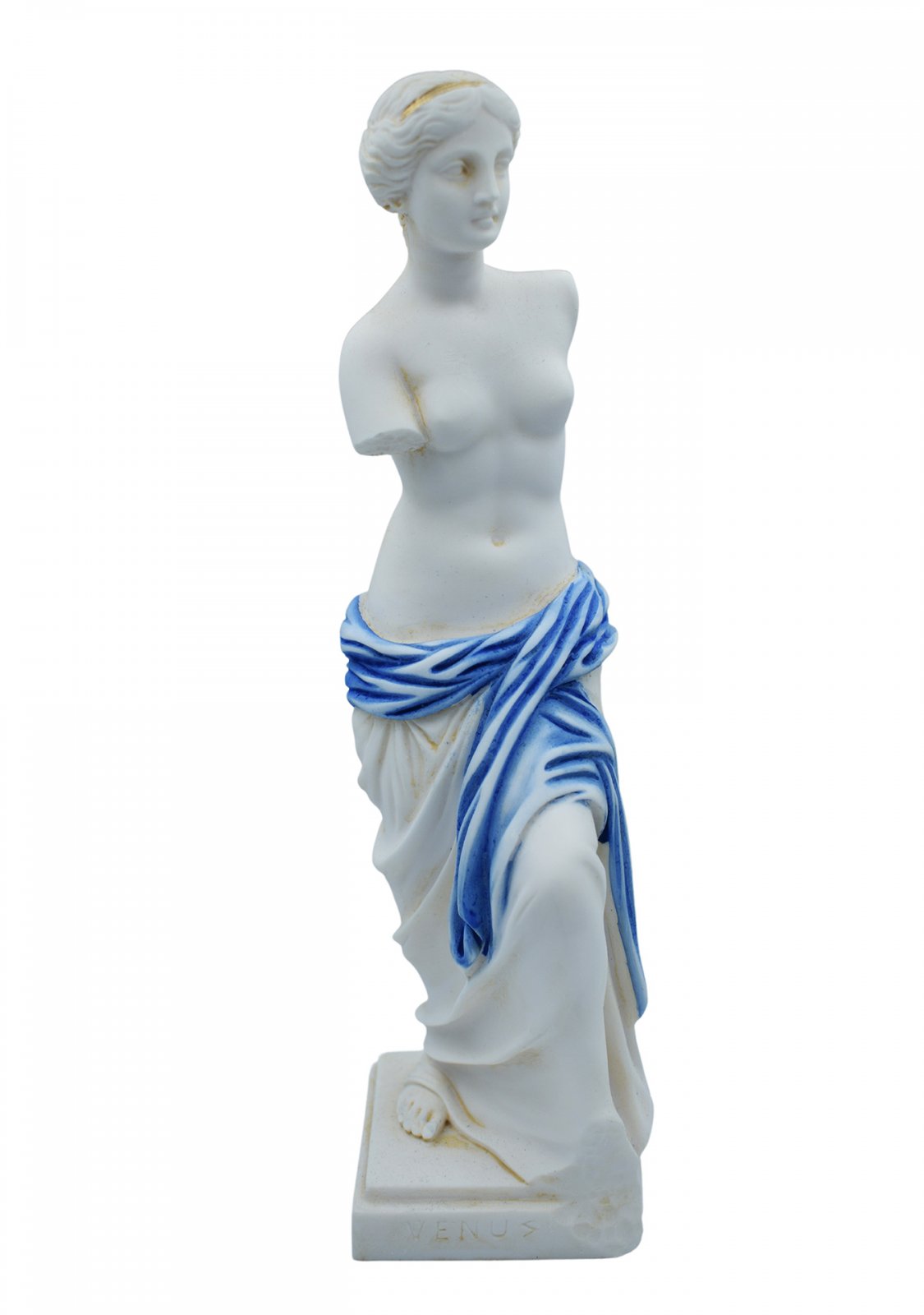 Aphrodite of Milos (Venus de Milo) greek alabaster statue with blue color and golden details